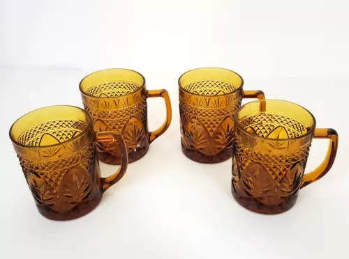 Set of 4 Vintage Amber Glass Cristal D'Arques Durand Mug Glasses France