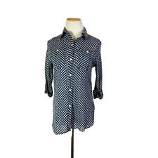 Chaps Size M Navy Blue Polka Dot Button-Up Shirt Crinkled Fitted