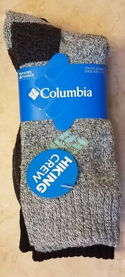 Columbia Youth Hiking Crew Socks 2 pk Fits Youth Shoe Size 2-10 Black Blue NEW
