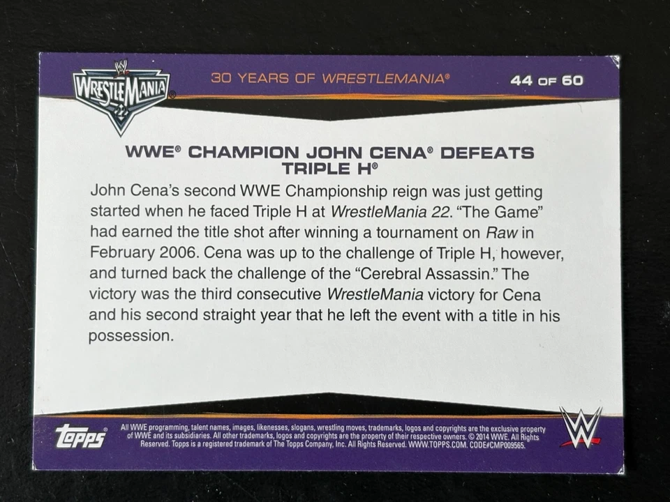 John Cena 2014 Topps WWE 30 Years of Wrestlemania Insert 44 of 60 - Image 2 of 2