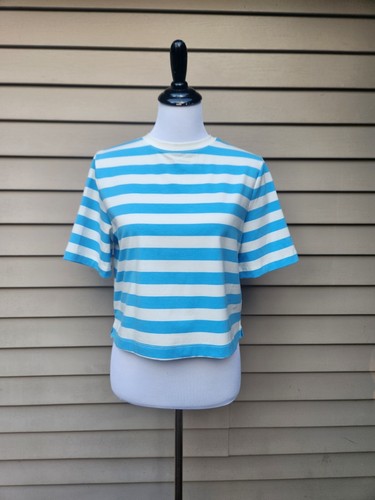 a new day Striped Cropped Crewneck T-Shirt SIZE XS Light Blue White NWT Boxy - Picture 3 of 11