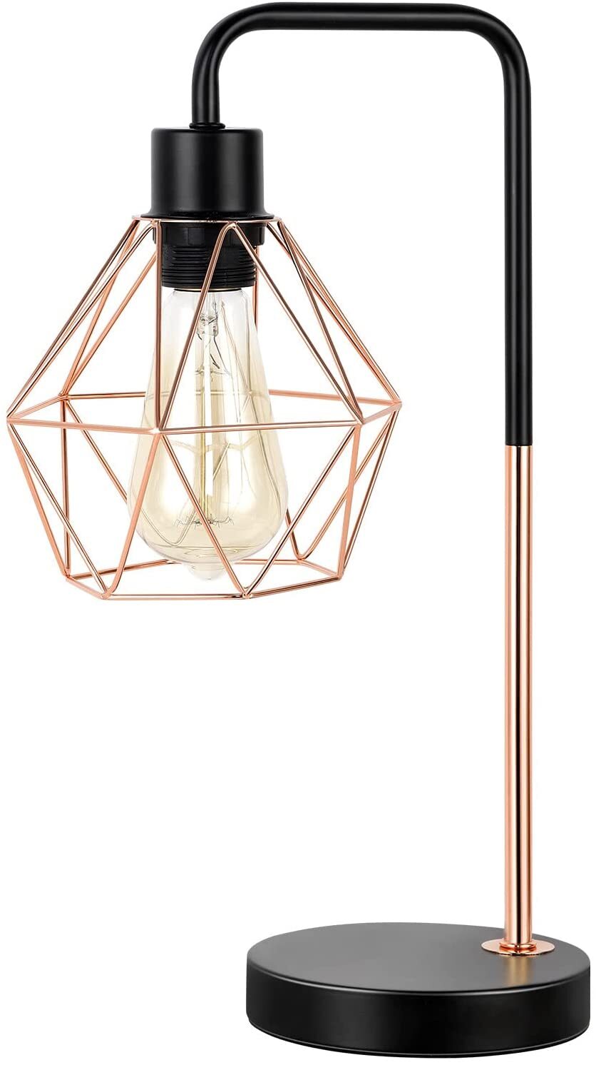 Industrial Table Lamp Rose Gold Bedside Lamp Geometric Cage Shade for