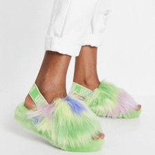 Fluff Yeah Slide Tie Dye Slippers In Green UGG Austrailia WOMENS SIZE 6 NEW