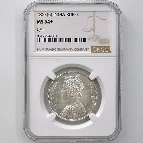 1862 (B) British India Queen Victoria 1 Rupee Silver Coin NGC MS 64+ 0/4