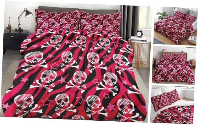 Comforter Set Size, Zebra Skull Pink Soft 3 Pcs Bedding Queen Zebra Skull Print-image