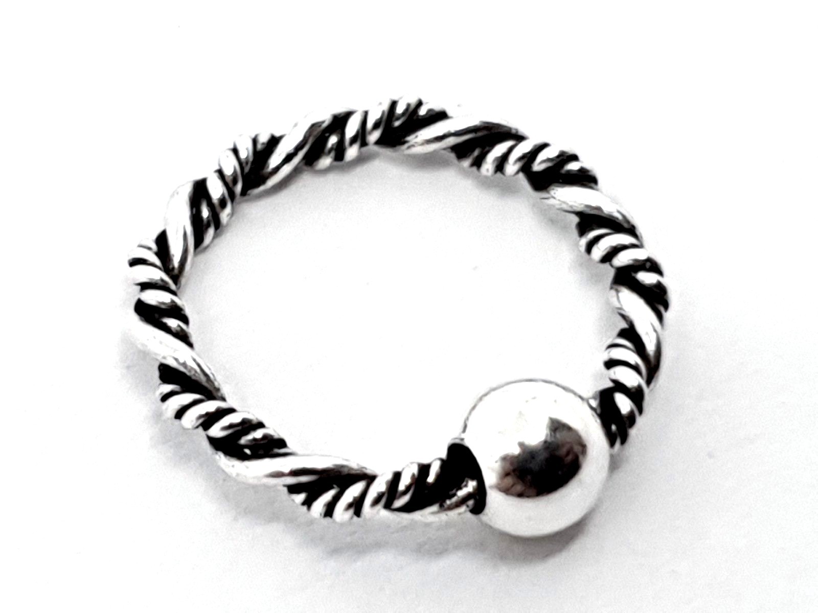Twisted Nose Ring Ball 10mm BCR 16g (1.2mm) Oxidized 925 Silver Hoop Piercing