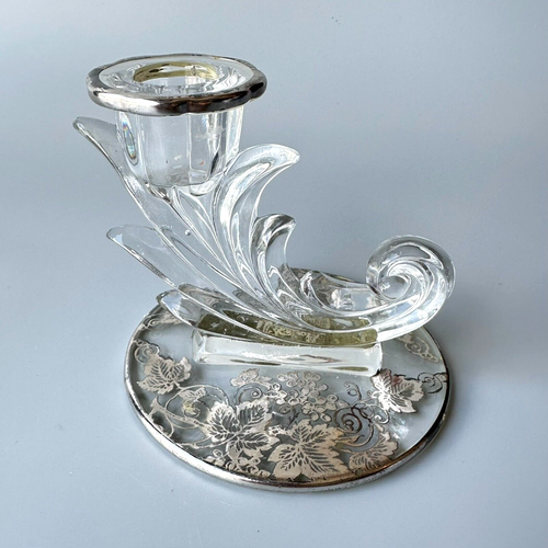 Fostoria Clear Glass Candlesticks (2) Sterling Silver Overlay Baroque Grapes Ivy - Picture 2 of 9