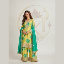 Women  s Yellow Green Embroidered Pakistani Suit Kurta Palazzo Dupatta