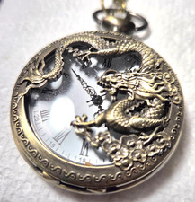 DETAILED DRAGON HOLLOW BRONZE POCKET WATCH QUARTZ ANALOG 80cm CHAIN