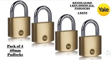 PADLOCKS 40mm - KEYED ALIKE 4 PACK YALE SECURITY SOLID BRASS - NEW