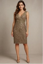 Tadashi Shoji Paillette Embroidered Lace V-Neck Dress Gold Cocktail Evening 4P