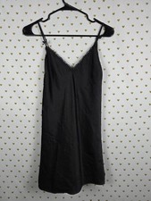 Victorias Secret Large BLACK Satin Silky Lace Accent Nightie Slip Dress Chemise