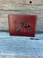 Praying Cowboy Embossed Design Brown Leather Bifold Wallet