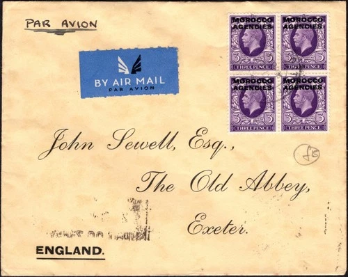 MOROCCO AGENCIES: 1936 3d Overprints on Airmail Cover to Exeter - Paris Cancel