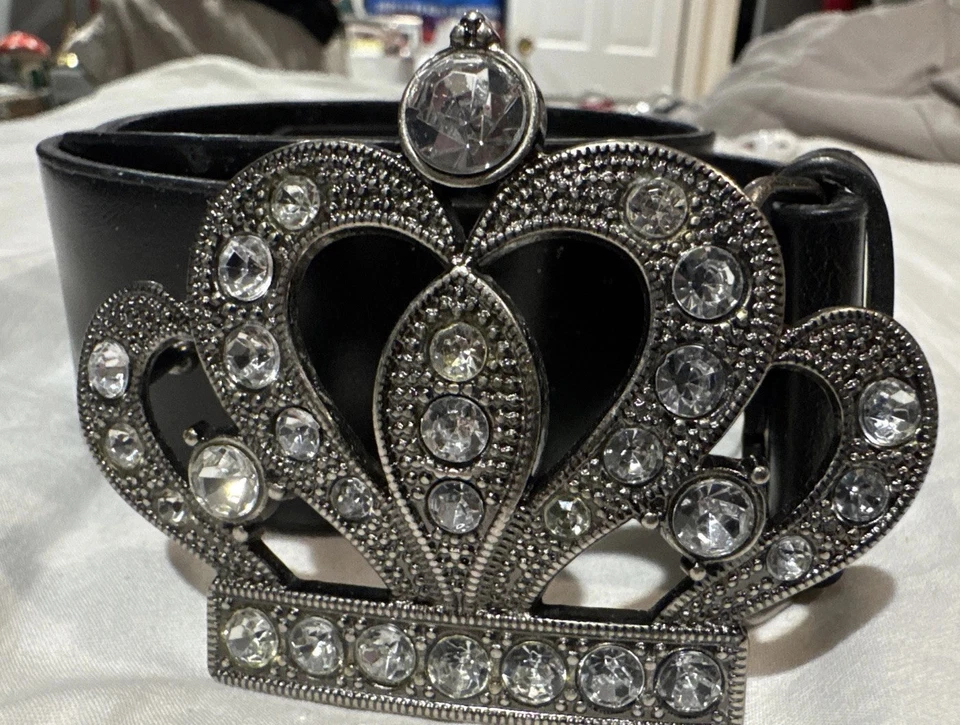 Black belt with Large Jeweled crown-shaped buckle metal adorned w Rhinestones2XL - Image 2 of 4