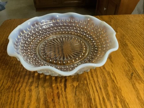 Anchor Hocking Opalescent Moonstone Hobnail Glass Candy Nut Bowl 8"