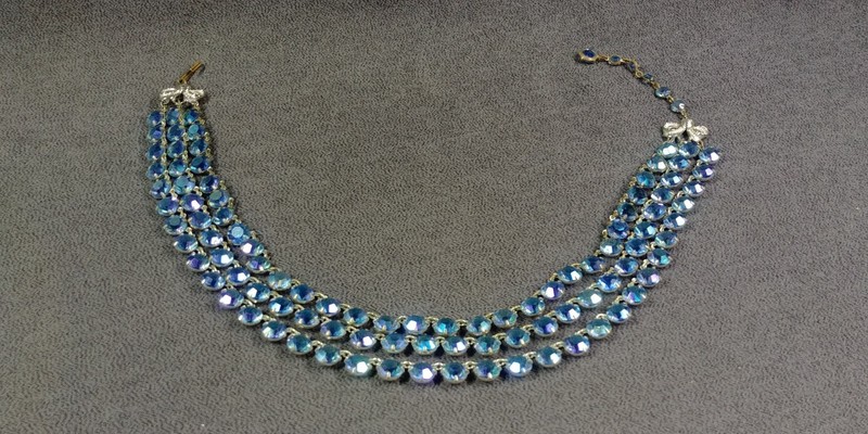 Blue 3 Strand 1950s Rhinestone Choker Necklace Vintage Jewelry Unknown 13 Inch