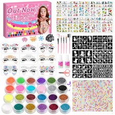 Glitter Tattoos Kit for Kids, 9 Face Gems, 24 Colors Glitter, 60 Tattoo Stick...