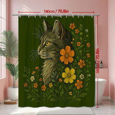 Floral Cat Shower Curtain - Colorful Green Background, Cute Design