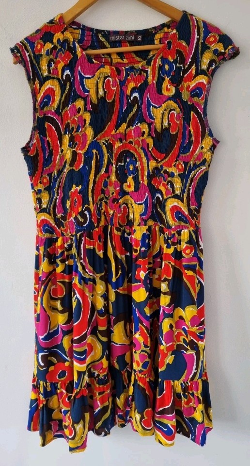 MISTER ZIMI Abstract Shirred Tiered A Line Dress Viscose Sz 10 EUC