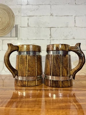 Rustic Wooden Beer Mugs with Metal Bands   Handmade Viking Tankards   Medieval