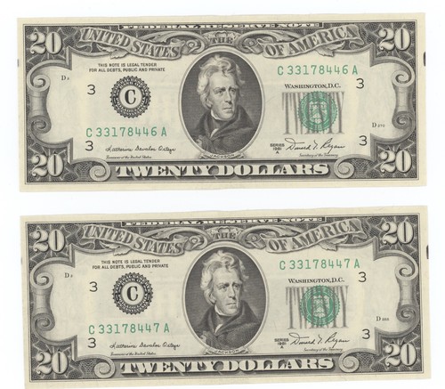 LOT OF 2 1981 A UNC $20 Bills, SEQUENTIAL Serial Numbers AU