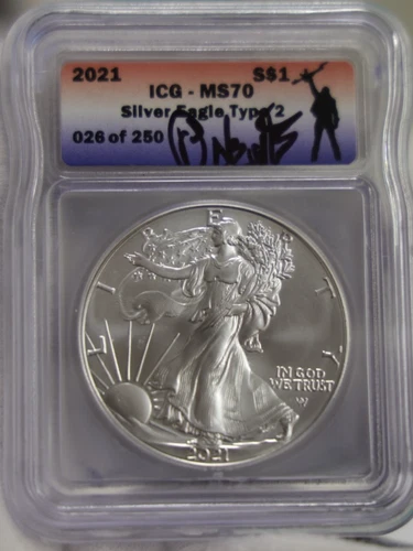 2021 US Silver Eagle $1 ICG MS70 Military Signed 26 of 250