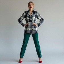 Escada Margaretha Ley Plaid Double Breasted Blazer Jacket Velvet Collar US 10