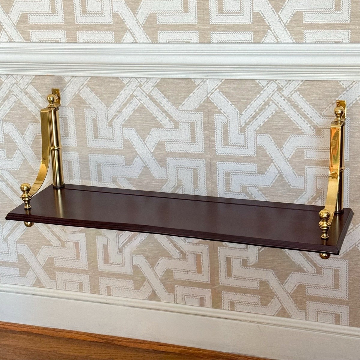Vintage Bombay Company Mahogany & Brass Train Floating Wall Shelf 