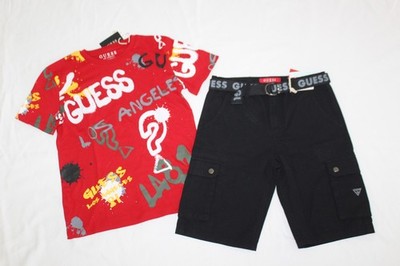 NWT BOYS GUESS SZ 10 SHIRT RED, BLACK SHORTS BELT