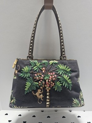 Isabella Fiore H3231 Monkey Palm Tree Beaded Black Y2K Shoulder Bag Rare