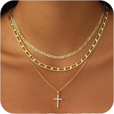 Layered Gold Cross Necklaces for Women, Stack Stackable 14K Gold/Silver Plated C