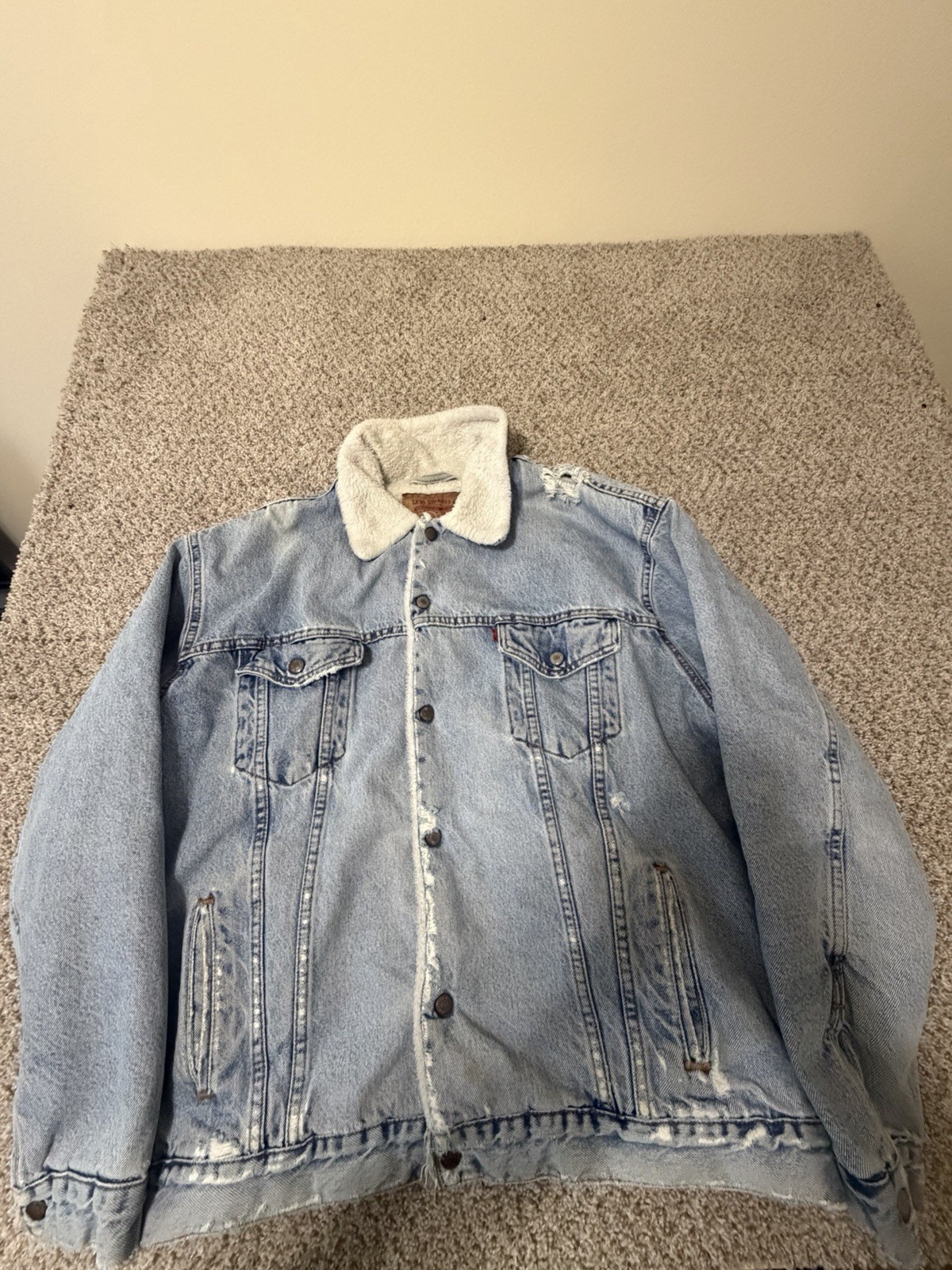 Levis Mens Sherpa Lined Denim Trucker Jacket Light Wash Blue XL