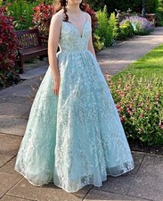 Sherri Hill Size 10 Light Blue Beaded Lace V-Neck Corset Lace-Up Prom Gown