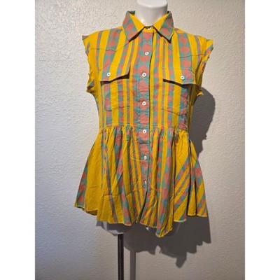 Ivy Jane Womens Yellow Geometric Stripe Peplum Sleeveless Button Down Top S