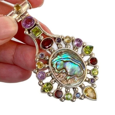 Abalone & Gemstone Sterling Silver Pendant Vintage: Boho Statement Jewelry - Image 1 of 4