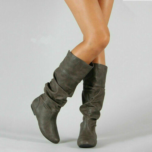 Women Mid Calf Slouch Boots Winter Wide Leg Stretch Flat Riding Comfy Shoes Size - Picture 10 of 10