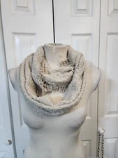Women's Beige Fluffy Infinity Scarf With Fringe