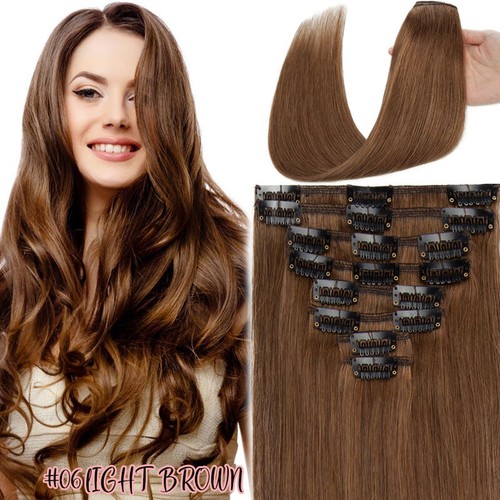 Clip In Extensions 100% Real Human Hair Extensions Full Head 8 Pieces Weft Brown - Picture 31 of 69