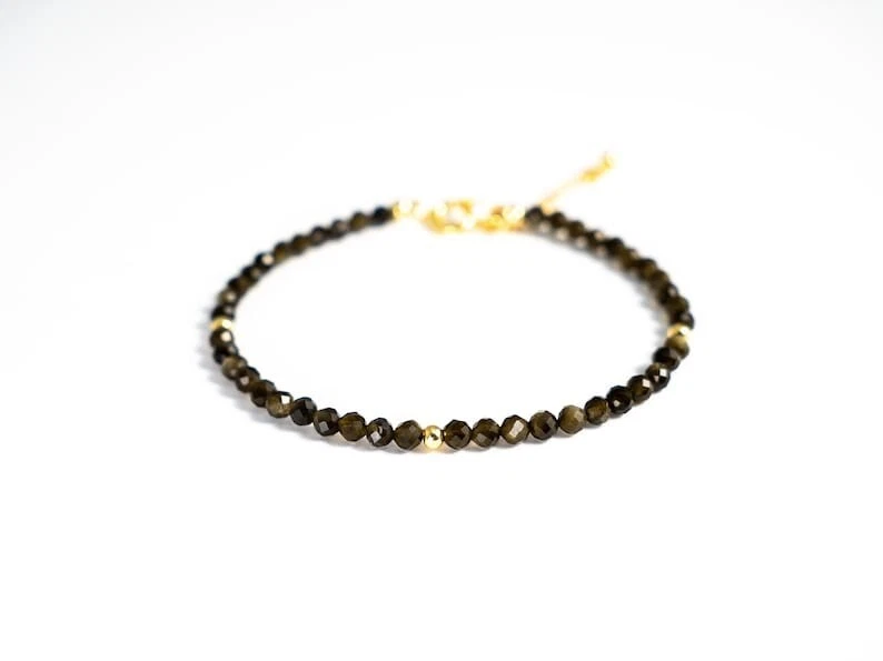 A+++ Delicadas pulseras redondas facetadas de obsidiana con cuentas de piedras preciosas de 2-3 mm para mujer de 6-8"" Foto 3 de 4