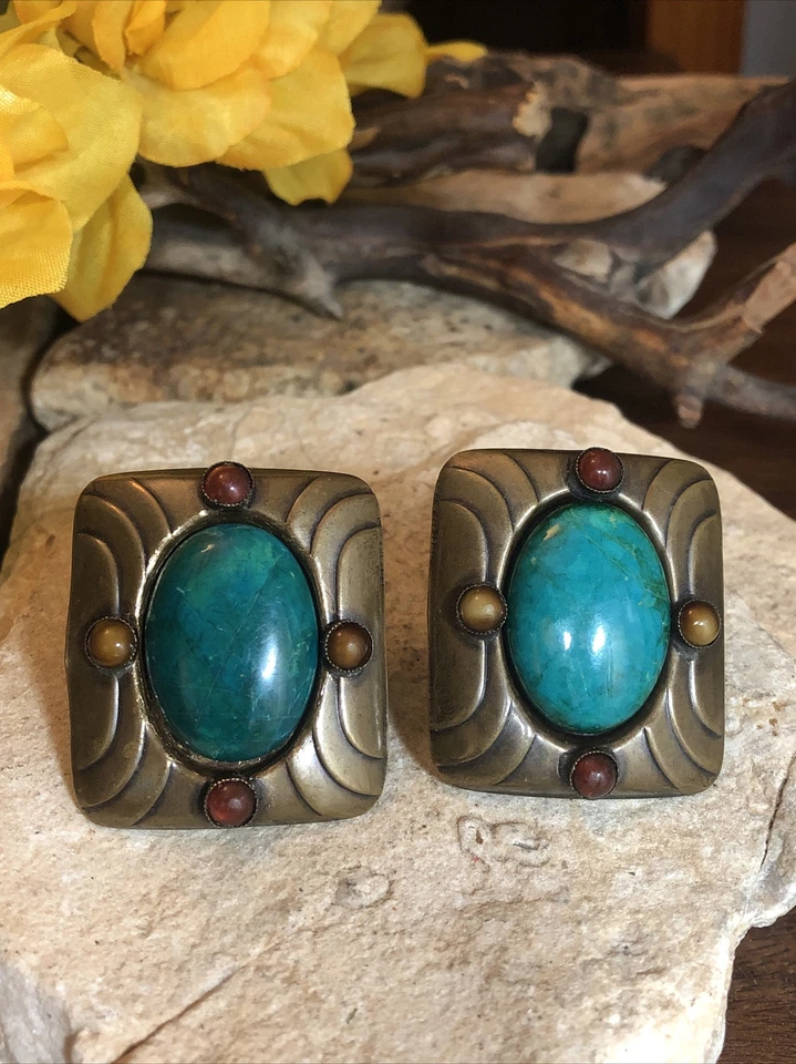 Vintage M. BAER ACC. S.F. Pendientes de clip rectangular de latón turquesa piedra Foto 4 de 4