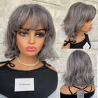 Salt and Pepper Short Fluffy Wavy Human Hair Blend Heat Ok Wigs Women Natural