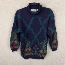 VTG Linda Allard Ellen Tracy Sweater Womens S Blue Floral Wool Mohair Cottage