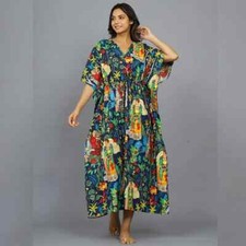 1PC Indian Vintage 100% Cotton Long Beach Maxi Kaftan Dress Caftan Kimono