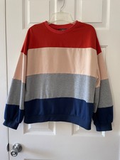 Shein sweatshirt, ladies juniors size L, rust, beige, gray, navy stripes. Cute 