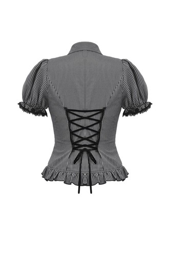Dark In Love Women Gray Gothic Academic Striped Double-Breasted Blouse Slim Top - Picture 14 of 21