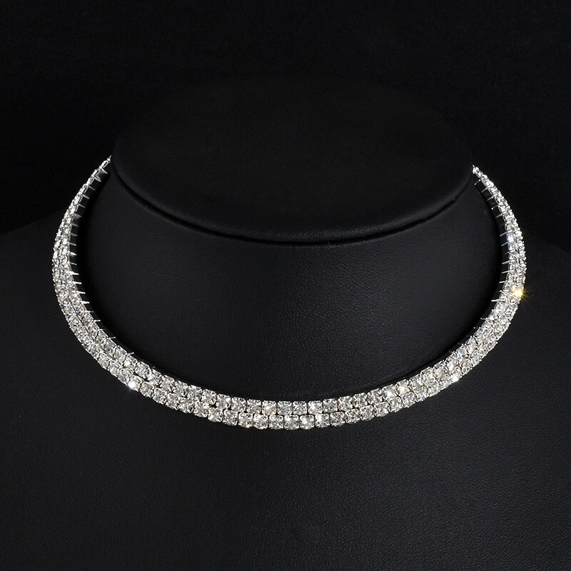 1 2 Row Silver Clear Rhinestone Diamante Crystal CZ Choker Necklace Party Gift - Image 2 of 4
