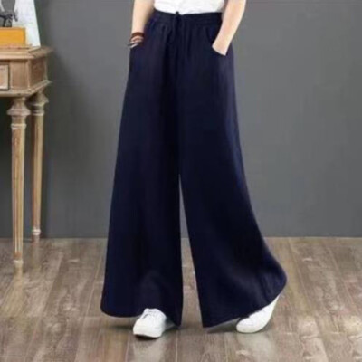 Damen Baumwolle Leinen Palazzo Hose Weites Bein Lose Sommerhose Stoffhose DF