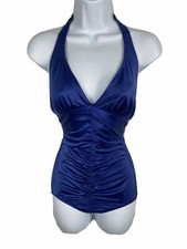Vintage USA Union Made Ruched Halter One Piece Navy Blue Swimsuit Bathing Suit