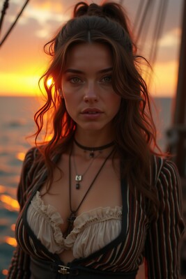 GORGEOUS SEXY CUTE VICTORIAN PIRATE LADY AT SEA FIERY SUNSET 4X6 FANTASY PHOTO